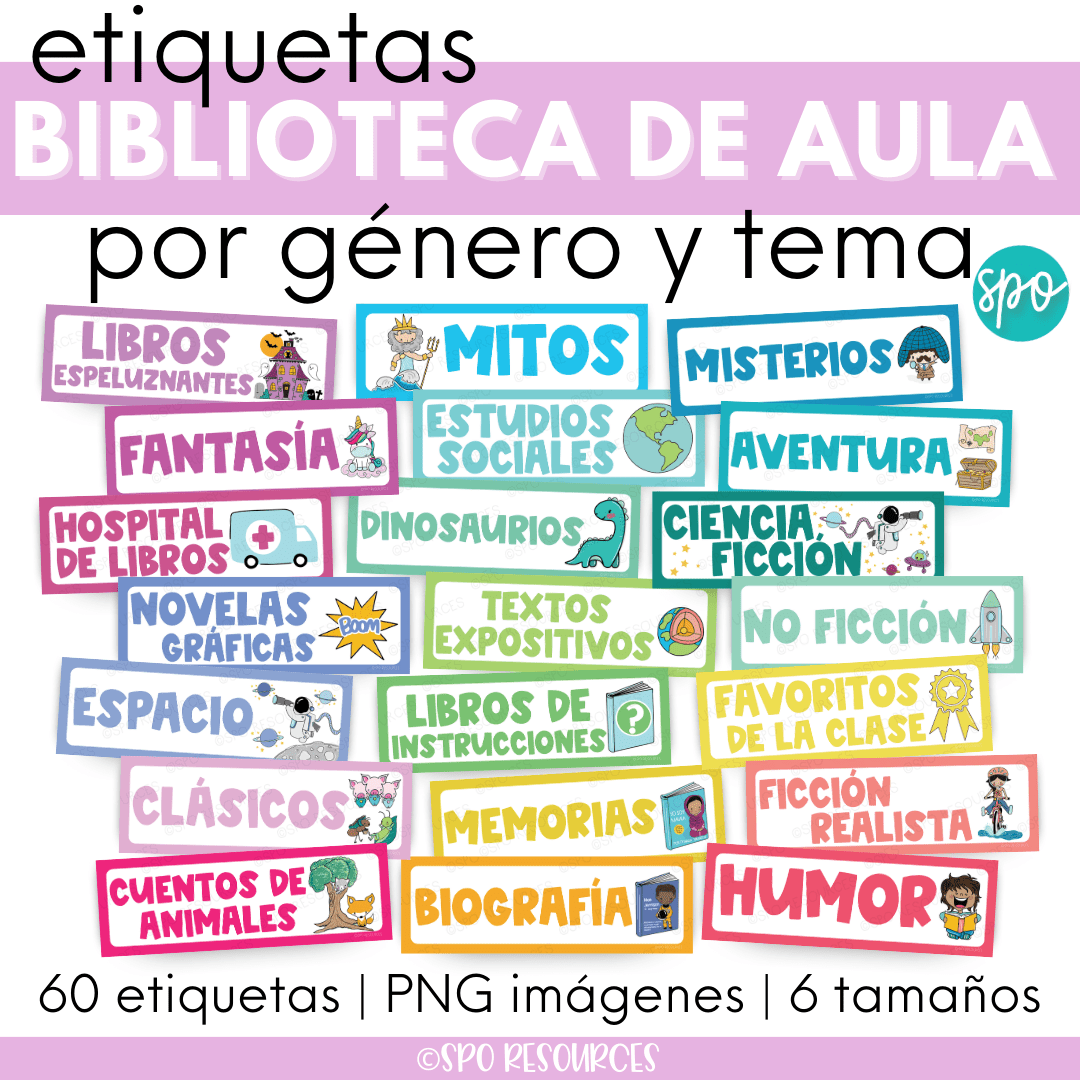 etiquetas biblioteca de aula por género y tema, 60 etiquetas, png imágenes, 6 tamanos