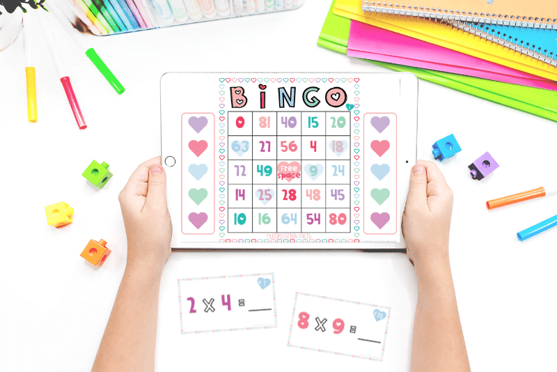 Valentine's day multiplication facts digital game board