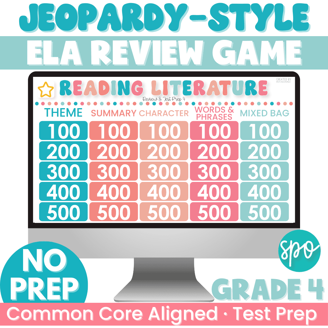 4th Grade ELA Test Prep Jeopardy Style Review Game Literature