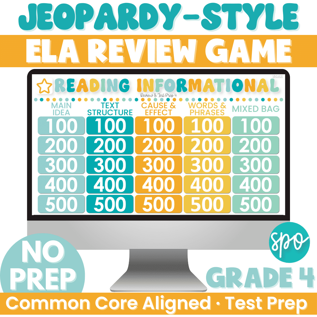 4th Grade ELA Test Prep Jeopardy Review Game Informational Texts