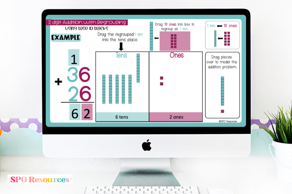 How to Teach 2-Digit Addition With Regrouping Using Base Ten Blocks 9 Digital addition activity showing 36 + 26 with movable base ten blocks, a tens and ones place value mat, and the regrouped ten connected to the written algorithm.