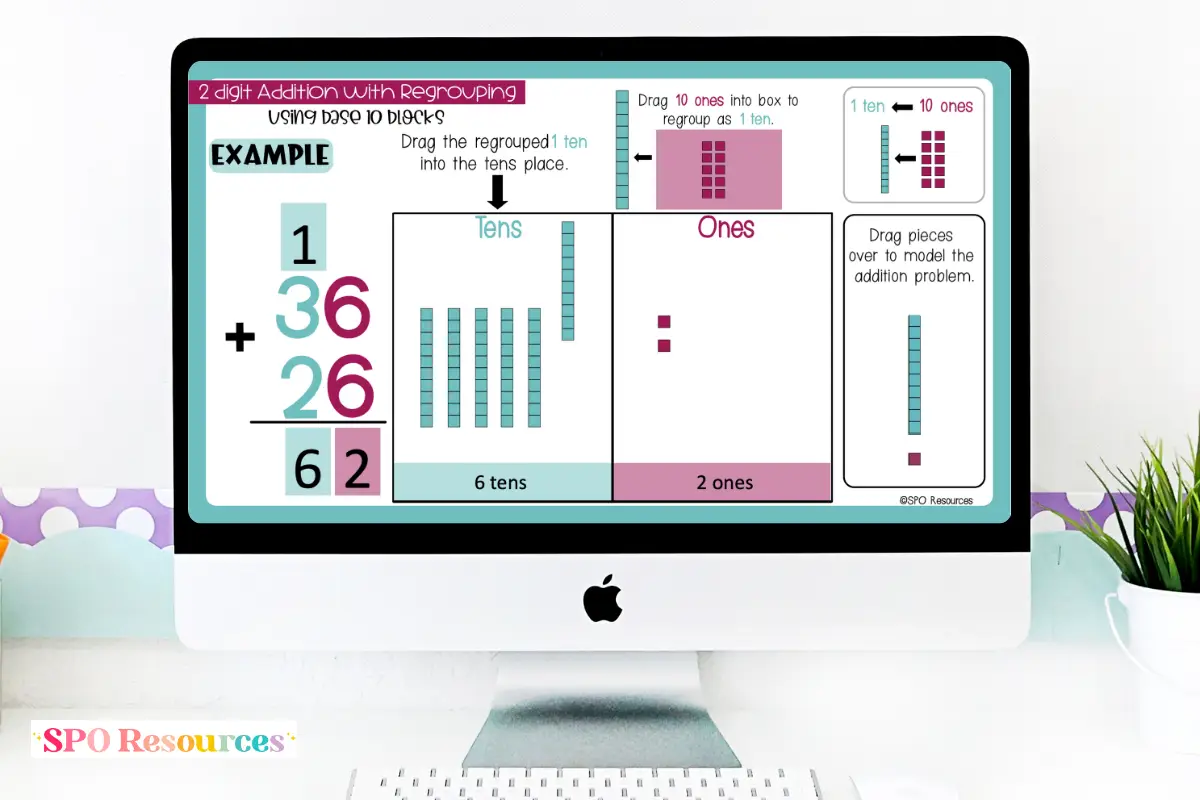 2-Digit Addition With Regrouping Strategies: 4 Ways to Teach It 37 Digital addition activity showing 36 + 26 with movable base ten blocks, a tens and ones place value mat, and the regrouped ten connected to the written algorithm.