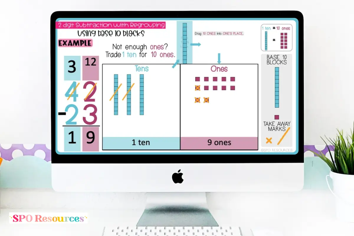 How to Teach 2-Digit Subtraction With Regrouping Using Base Ten Blocks 24 SPO Resources digital subtraction practice resource using base-ten blocks and written subtraction problems.